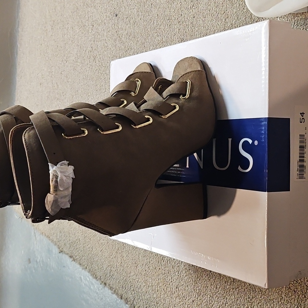 Tan Lace Up Boots with Rugged Sole and Suede Finish - Picture 3 of 5